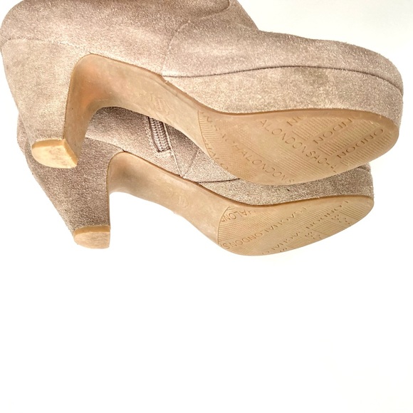 Sacha London Tan Leather Booties Velvet Gold Metal Size 6.5 - Picture 9 of 12